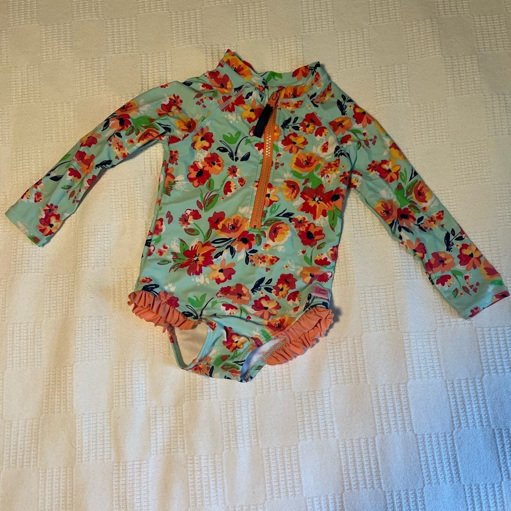 Ruffle Butts Long Sleeve Floral Rash Guard Swimsuit - Mint w/ Coral Ruffles
